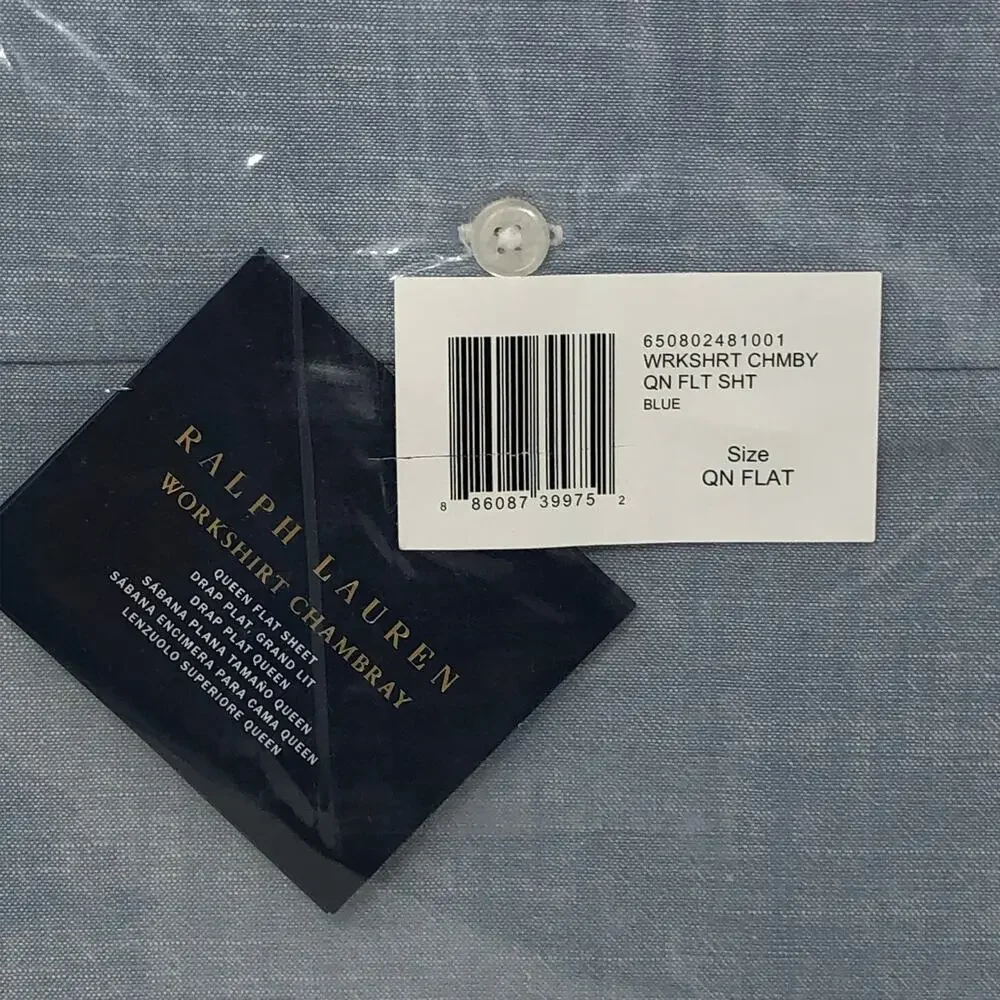 New Ralph Lauren Home Queen Flat Sheet Workshirt Chambray Blue